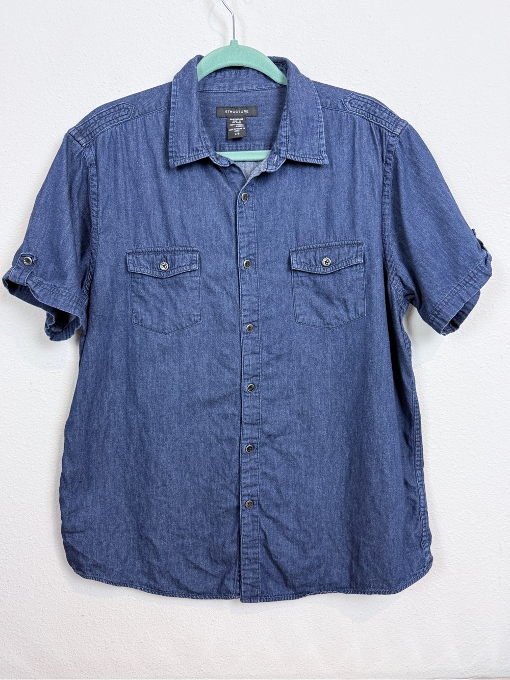Structure Men's Short-Sleeve Chambray Button-Down Shirt Y2K L